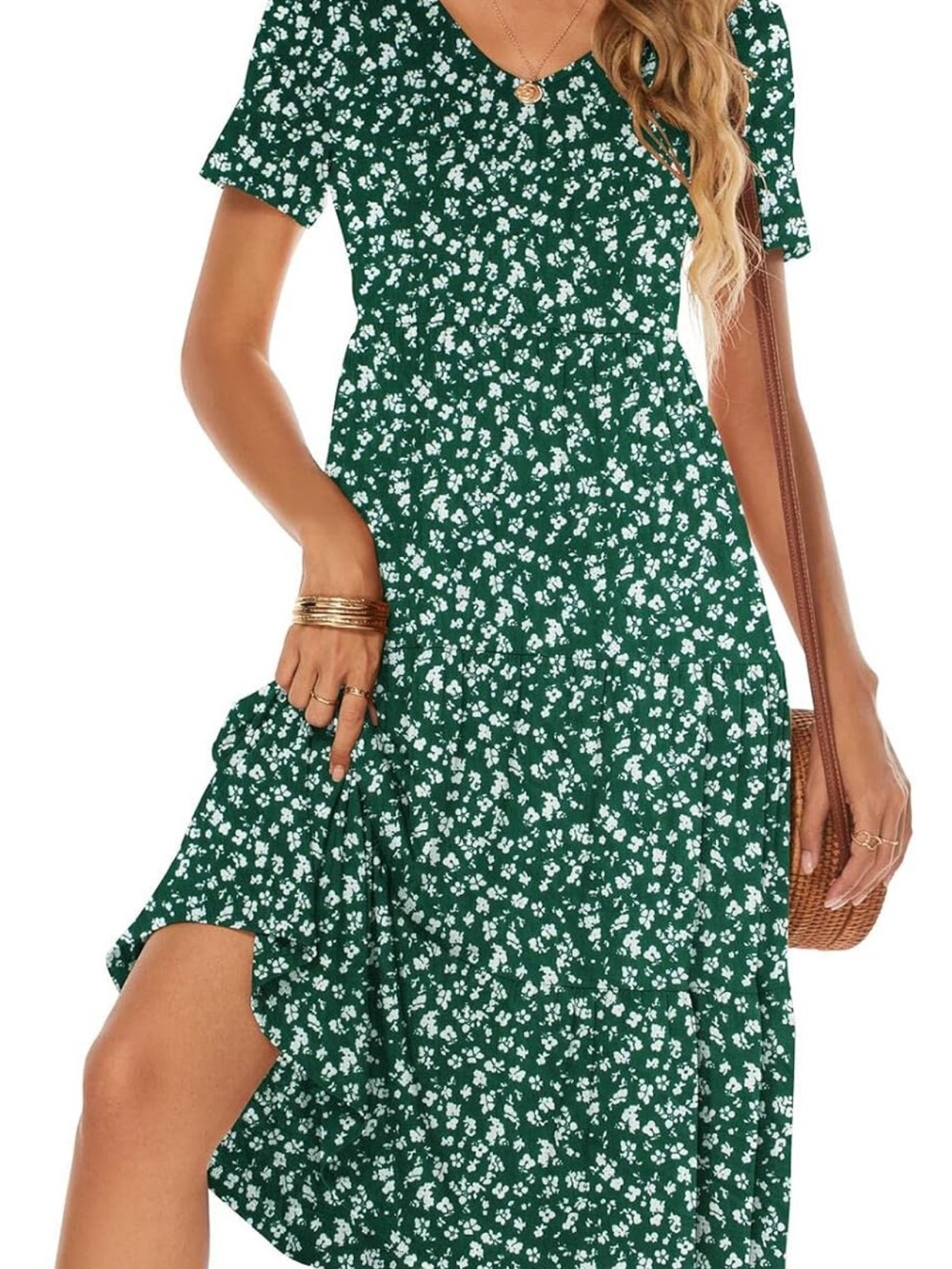 Green Floral V-Neck Short Sleeve Midi Dress